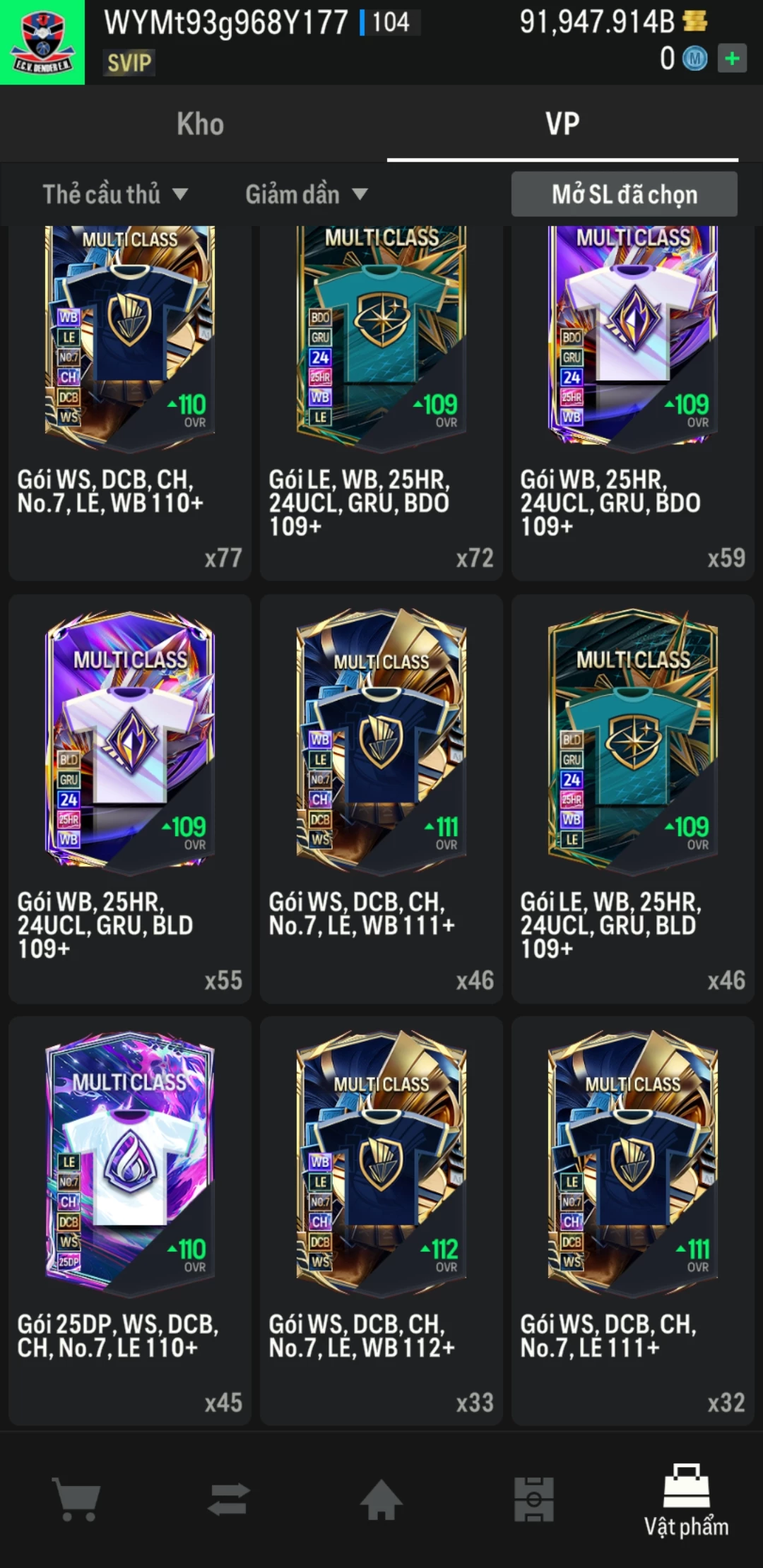 Ảnh ACC mở thẻ (LOẠI SUPER VIP) bao gồm có hơn 900+ đến 1100+ thẻ cầu thủ từ Siêu sao đến Miền núi các loại (ngẫu nhiên có: 01 thẻ +12 và 03 thẻ PRIME QH, XS, CP...) Acc có sẵn BP trắng từ 80.000 tỷ BP đến 120.000 tỷ BP kèm theo nhiều ngày SVIP